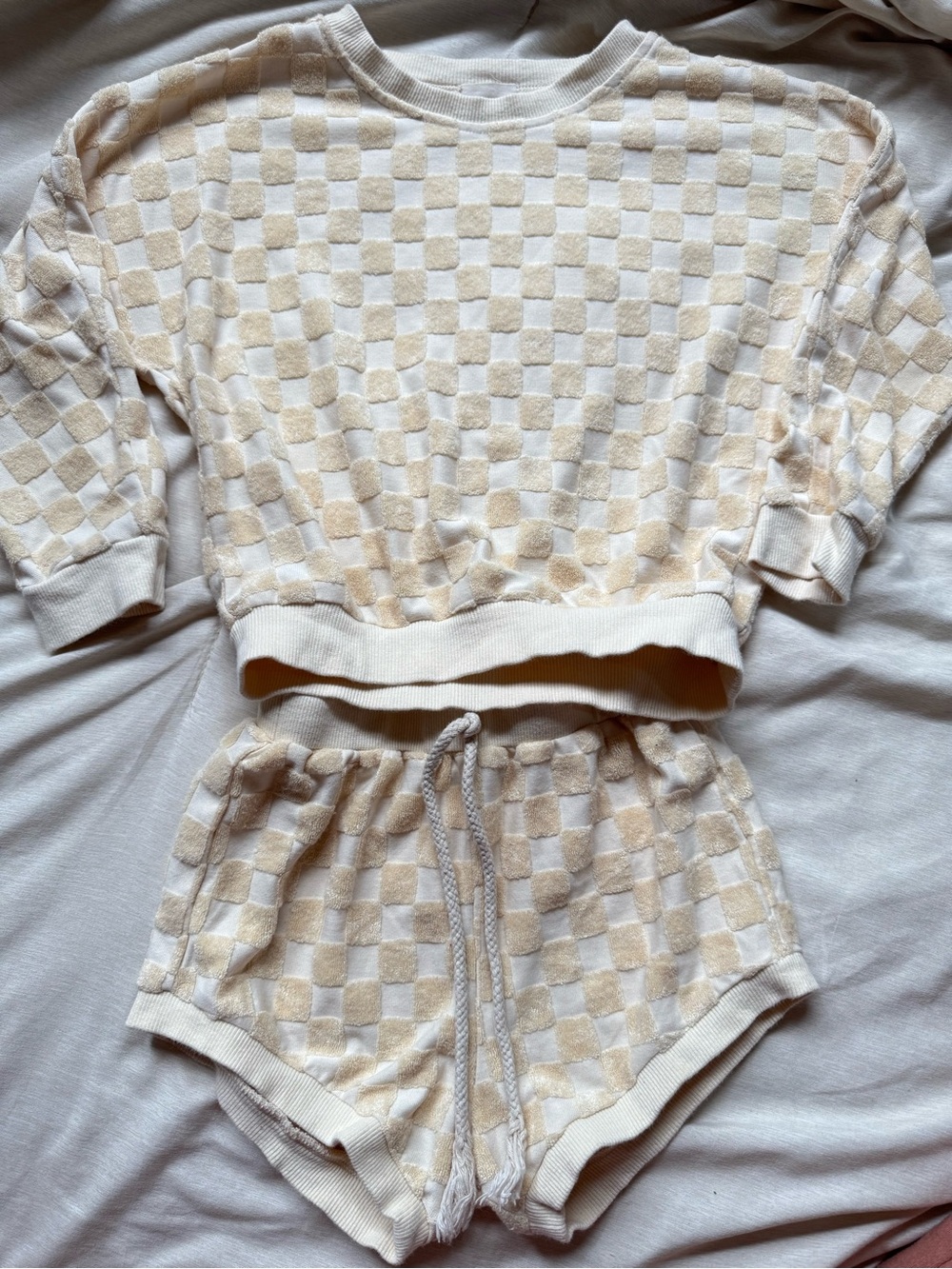 Eadie Checker Terry Short Set - Cream Lounge Two-Piece